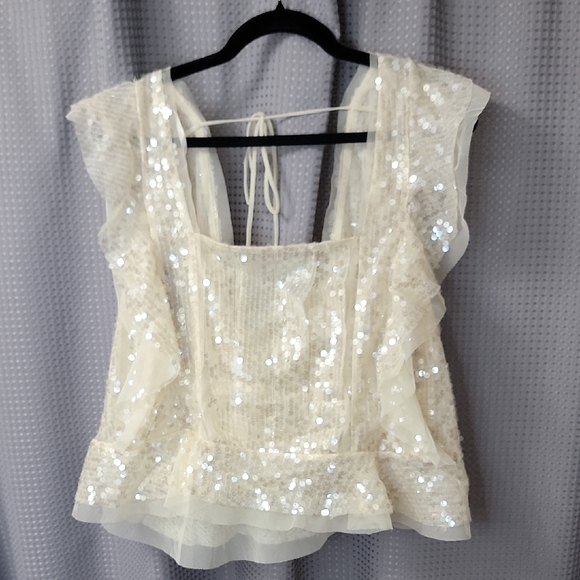 Anthropologie Cream Sequin Peplum Ruffle Tank Size XL - Picture 2 of 6